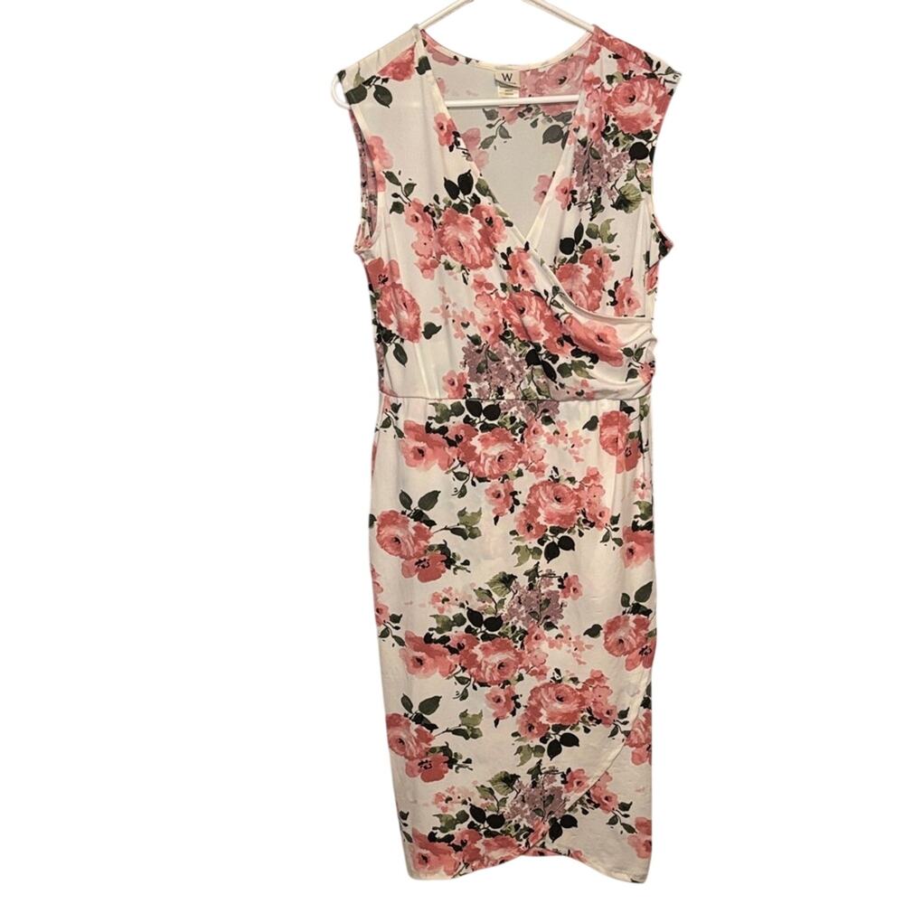 Wrapper Women’s Large Pink Floral Faux Wrap Dress Sleeveless Stretch Midi